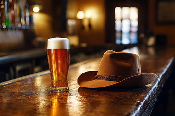 Beer glass and cowboy hat on bar counter