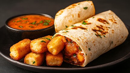 Delicious chicken burrito with crispy potato wedges and spicy sauce