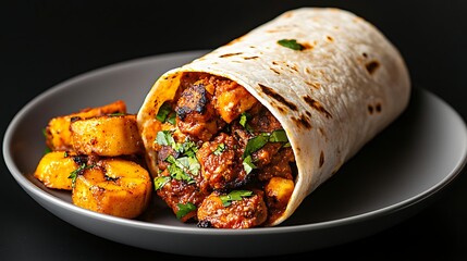 Delicious paneer tikka burrito with roasted potatoes in a bowl