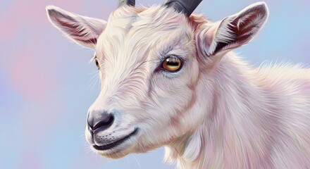 Fototapeta premium A closeup digital painting of a goat with white fur amber eyes and dark horns against a soft dreamy background