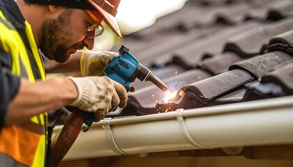 A construction worker welds on a rooftop gutter wearing a hard hat, glasses, and protective gear