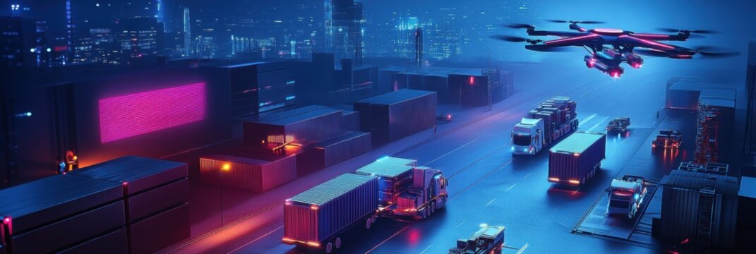 Advanced drone operations in a futuristic city setting with illuminated cargo trucks at night