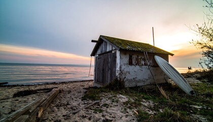 A weathered seaside hut stands watch over a tranquil beach at sunset, a paddleboard leaning against its weathered walls.