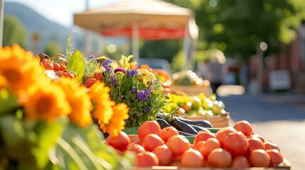 Vibrant outdoor market display of fresh produce and flowers