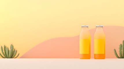 Two tall bottles of orange juice with desert plants and soft lighting