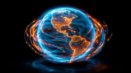 Glowing digital Earth with fiery and electric effects surrounding the Americas, symbolizing global technology, data flow, internet networks, world connectivity, digital economy, futuristic innovation