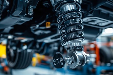 Close up of modern car suspension system with shiny coil spring and shock absorber symbolizing automotive engineering, technology and mechanical precision