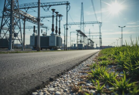 Fototapeta Utility facility area featuring systematic electrical apparatus under a clear sky