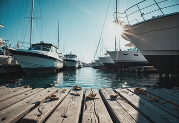 Fototapeta premium Organized waterfront equipment at a marine facility with boats and sunlight