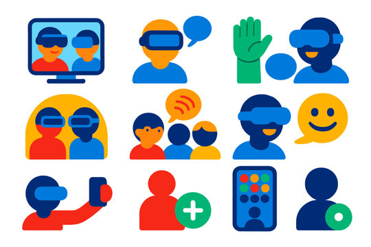 VR Social Icons. Flat vector icons of VR social interaction: virtual meetup, VR chat, avatar gestures, shared space, group voice
