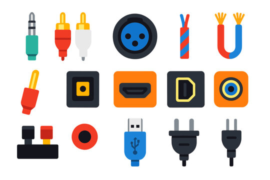 Speaker Connection Icons. Flat vector icons of speaker connections: 3.5mm jack, RCA plugs, XLR connector, speaker wire, banana