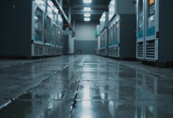 Warehouse interior featuring refrigeration units and polished floors