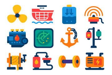 Marine Engineering Icons. Flat vector icons of marine engineering: ship propeller, hull design, ballast tank, sonar system, engine