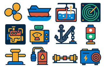 Marine Engineering Icons. Flat vector icons of marine engineering: ship propeller, hull design, ballast tank, sonar system, engine