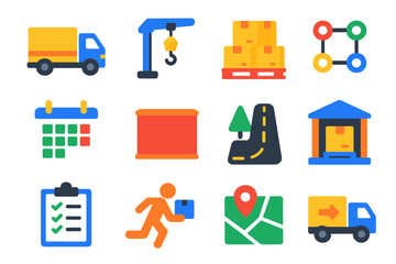 Construction Logistics Icons. Flat vector icons of construction logistics: delivery truck, crane hoist, material pallet, supply