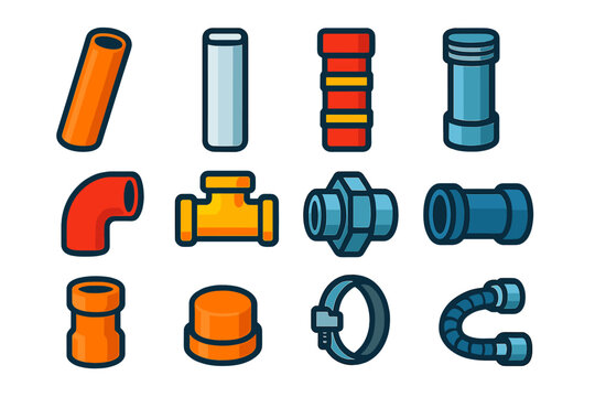 Modern Plumbing Icons. Flat vector icons of plumbing pipes and connectors: copper pipe, PVC pipe, PEX tubing, galvanized pipe,