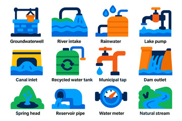 Irrigation Water Sources Icons. Flat vector icons of irrigation water sources: groundwater well, river intake, rainwater tank,