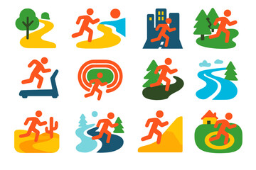 Vibrant Running Icons. Flat vector icons of running routes: park trail, beach path, city street, treadmill, stadium track, forest