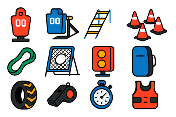 Football Training Icons. Flat vector icons of football training equipment: tackling dummy, blocking sled, agility ladder, cone