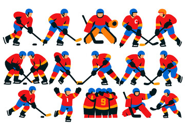 Hockey Player Icons. Flat vector icons of hockey players: forward, defenseman, goalie, team captain, faceoff stance, checking