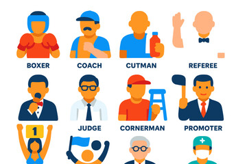 Boxing Team Icons. Flat vector icons of boxing roles and team: boxer icon, coach icon, cutman, referee, ring announcer, judge,
