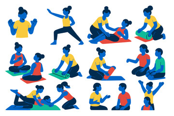 Pilates Instructor Icons. Flat vector icons of pilates instructor actions: cueing hands, demonstration pose, posture correction,