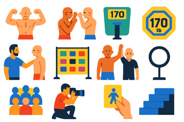 MMA Weigh-In Icons. Flat vector icons of MMA weigh-in event: fighter flex, faceoff pose, scale reading, weight class badge, coach