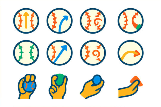 Baseball Pitch Icons. Flat vector icons of baseball pitches: fastball, curveball, slider, changeup, knuckleball, sinker, cutter,
