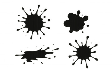 Four black ink splats creating different shapes on a transparent background, ideal for adding a grunge or artistic touch to designs
