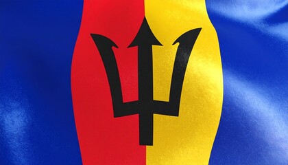 A vibrant depiction of the waving flag of Barbados, showcasing the national colors of blue, red, and gold, with a black trident emblem.