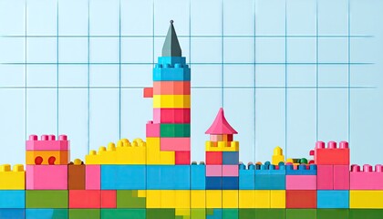 Fototapeta premium Colorful Toy Blocks Castle on Grid Background