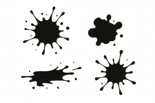 Four black ink splats creating different shapes on a transparent background, ideal for adding a grunge or artistic touch to designs