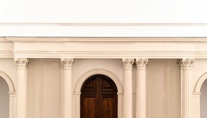 Cream Colored Building Facade with Classical Columns and Brown Door