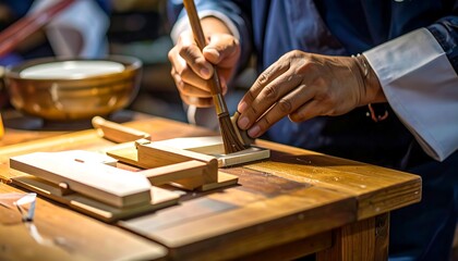 Close-up of artisan applying varnish to wooden piece