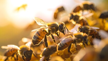 Close-up captures honeybees illuminated by warm sunlight on honeycomb, detailed view