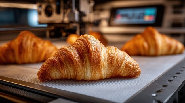 Crisp focus on a machineprinted croissants flaky texture emerging from the 3D printer tray surrounded by softly blurred pastry tools and ingredients