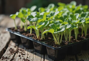 Home garden center plant care area with vibrant seedlings in growing trays