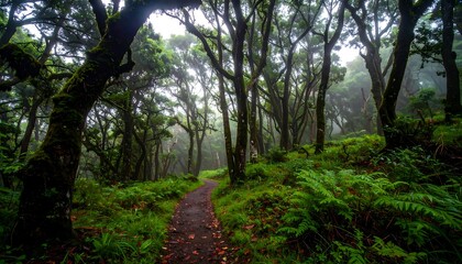 Fototapeta premium Lush green forest path, sunlight filtering through misty canopy, creating a tranquil landscape