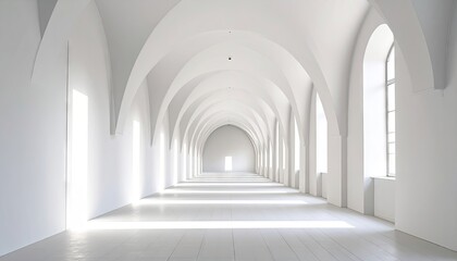 Fototapeta premium Long White Corridor with Vaulted Ceilings and Sunlight Streaming Through Windows