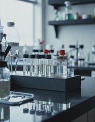 Healthcare laboratory workspace with systematically arranged equipment and glassware