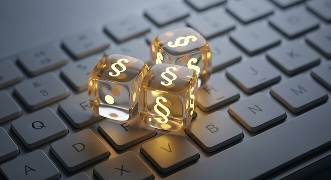 Transparent dice showcasing paragraph symbols rest on a modern keyboard, symbolizing legal or business decisions.