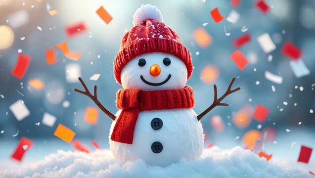 Smiling Snowman in Festive Winter Scene