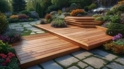 Wooden deck in a landscaped garden