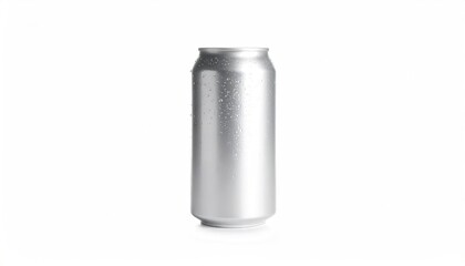 Sleek Silver Aluminum Can with Condensation on White Background