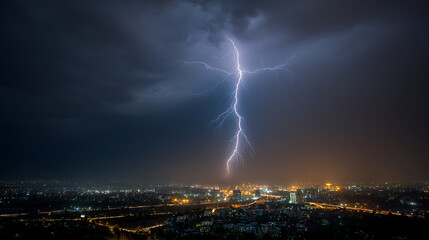 Dramatic lightning strike illuminating a city skyline during a stormy night with glowing lights