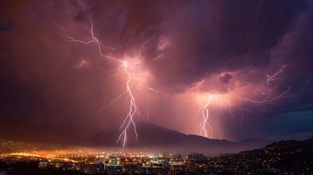 Dramatic lightning storm over a vibrant cityscape at dusk with illuminated buildings below - Powered by Adobe