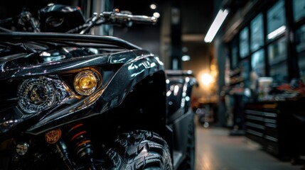 Closeup on a quad bike undergoing meticulous polishing in a service bay highlighting shiny surfaces while the surroundings remain softly blurred.