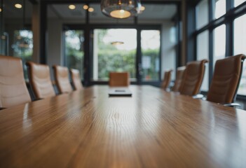 Modern conference area featuring a systematic corporate setup with wooden table