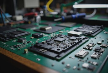 Organized equipment repair area featuring detailed circuit boards and tools