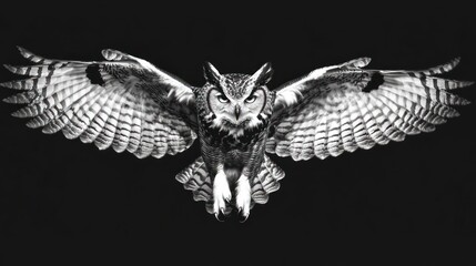 Naklejka premium Majestic Owl in Flight: A Monochrome Masterpiece